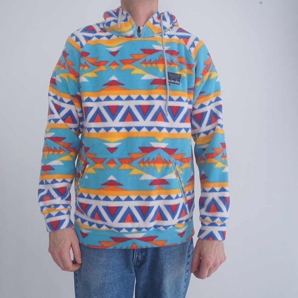 Massive Outdoor Blue Red Aztec Hiking Fleece Zip Up Quarter Zip Hooded Sweater S